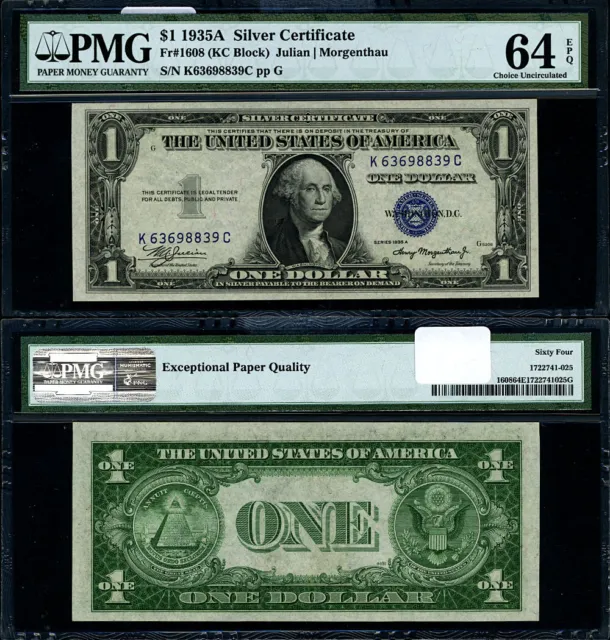 FR. 1608 $1 1935-A Silver Certificate K-C Block Choice PMG CU64 EPQ