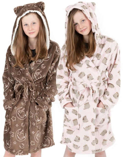 PUSHEEN DRESSING GOWN Girls Kids Pink OR Brown Cat Robe Fluffy Fleece £