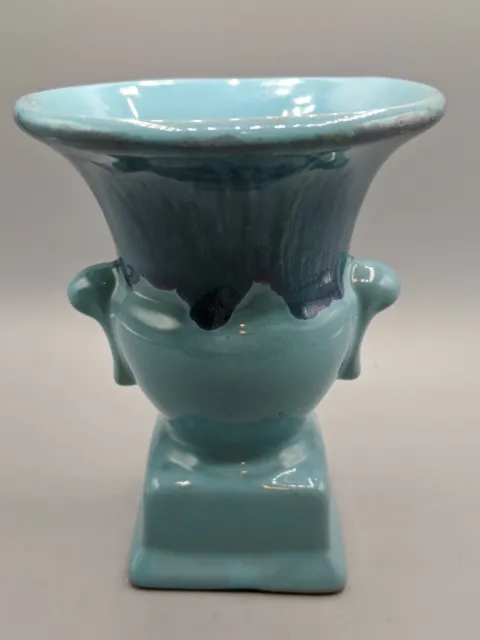 Vintage Art Pottery Redware Teal Drip Glaze Small Footed Urn Vase 5"H 3.75"W