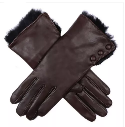 Dents - wool lined moccha leather gloves with rabbit fur cuffs trim