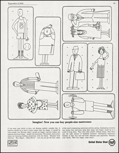 1962 People-size mattresses no lumps United States Steel retro art print ad L88