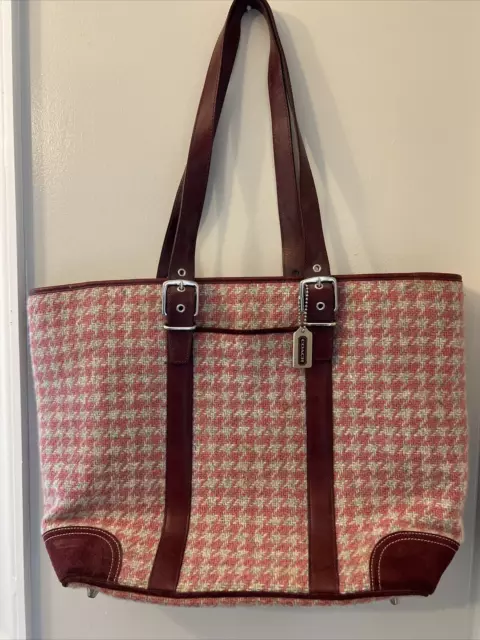 Coach Houndstooth Pink & Oatmeal Wool & Burgundy Leather Tote Bag E05J-5178