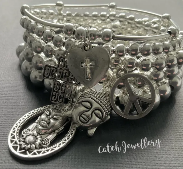 5 Buddha Heart Cross Peace Sign stretch bracelet Stack boho  Festival  Bracelets