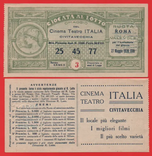 Biglietto Lotteria Giocata Al Lotto 1939 Xvii Cinema Teatro Italia Civitavecchia