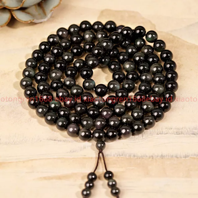 Rainbow Eye Obsidian 108 Mala Beads Prayer Necklace Multilayers Healing Bracelet