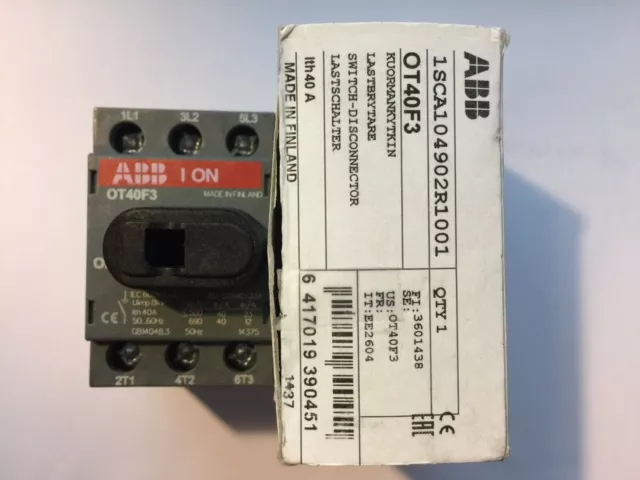 OT40F3 Non-Fused Disconnect Switch, 40 Amp, 3-Pole, ABB, NEW.