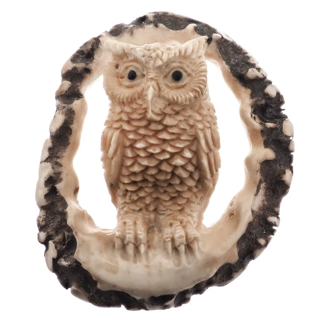 Hand Carving Owl Real Deer Burr Antler Bead Cab Cabochon, 2"