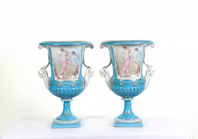 Pair Sevres Urns Porcelain Cherub Campana Vase