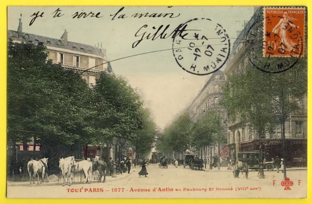 cpa en Couleurs PARIS Ecrite en 1907 Avenue d'ANTIN au Fbg St HONORÉ CHEVAUX
