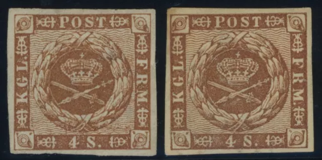 DÄNEMARK 1858/62, 4 S. braun, beide Wz., ohne Gummi, 2