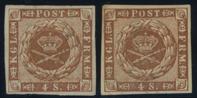 DANIMARCA 1858/62, 4 p. marrone, entrambi in Pz., senza gomma, 2