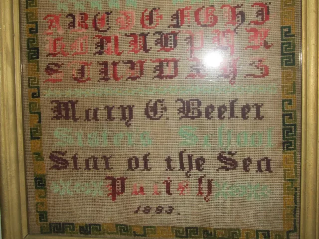 Antique 19th C. Framed Victorian Textile Sampler dated 1883 "Star Of The Sea" 3