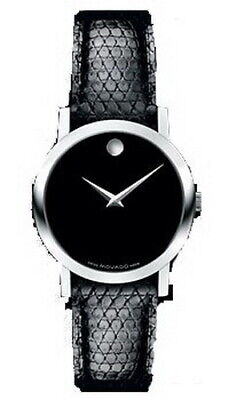 Movado Museum 0605651 Silver Tone Black Dial Leather Strap Womens Swiss Watch