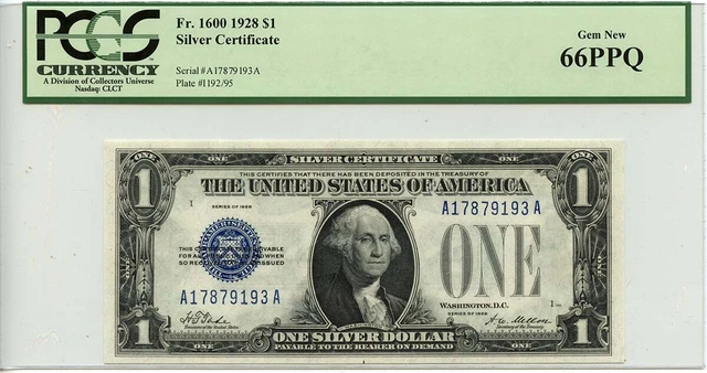 1928 $1 Silver Certificate Blue Tate Mellon Fr# 1600 PCGS GEM 66 PPQ