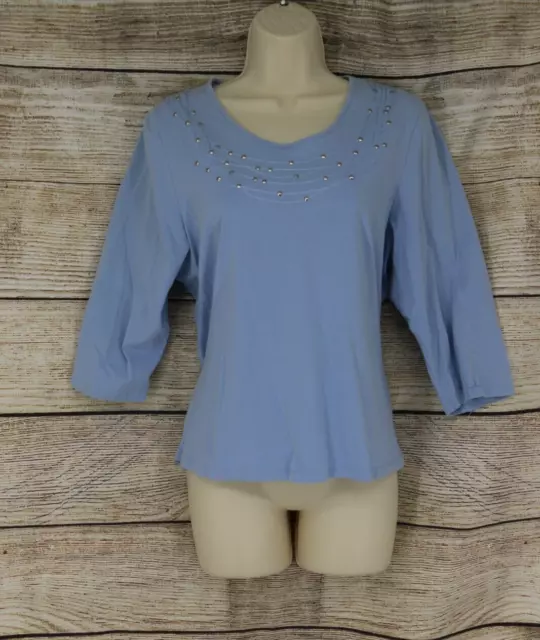 Tan Jay Womens 3/4 Sleeve Solid Top Shirt Size Large Baby Blue Bead Embroidery