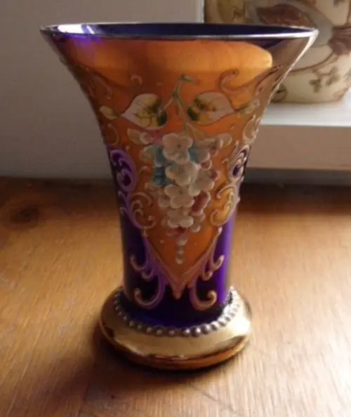 Cobalt Blue Czech Bohemian Glass Vase Gilded, Raised Enamel Flowers