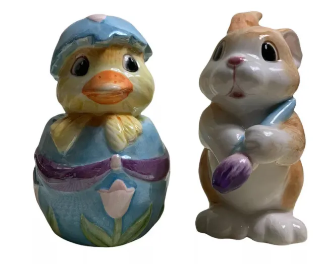 Vtg Fitz and Floyd Painting Easter Eggs Chick Bunny Salt Pepper Shakers Ceramic