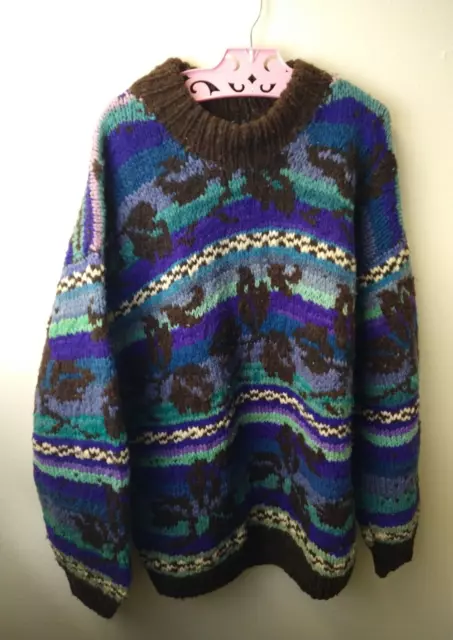 VTG Mens Bulky ECUADOR Multicolor Wool Sweater Chunky Hand Made Wool Warm Sz Lg