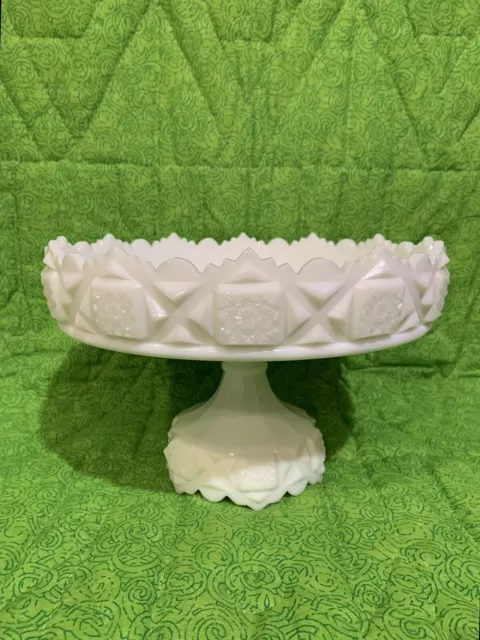 Westmoreland Old Quilt Milk Glass Footed Shallow Bowl, White Pedestal, Paper Tag