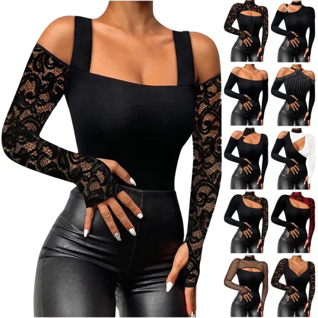 Women's Sexy Long Sleeve Shirts Tops Slim Contrast Cold Shoulder Sexy T Shirt