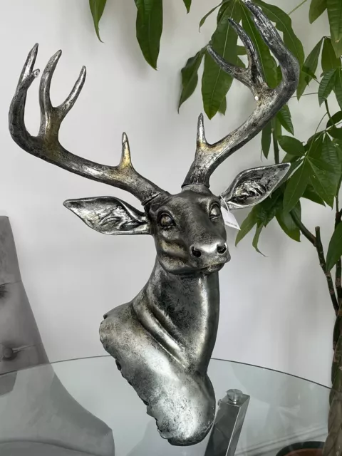 Large Stag Deer Head Sculpture Wall/Floor Standing Statue Antique Silver Style