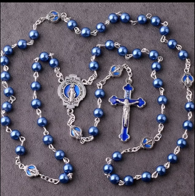 Catholic Blue Faux Pearl Glass Rosary Blue Enamel Crucifix Pater Bead Miraculous
