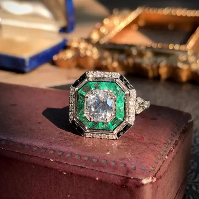 Luxury Art Deco Design Lab-Created Diamonds, Green Emeralds & Black Onyx Ring