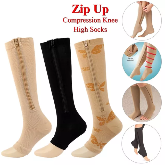 Zipper Medical Compression Socks Knee High Toeless Open Toe Leg Support Stocking