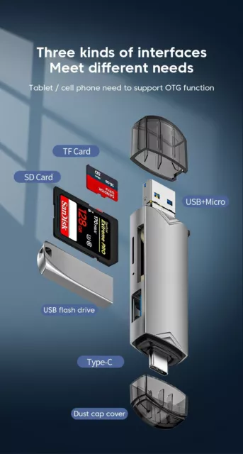 Adaptateur Carte Micro SD Type C USB OTG 6-en-1 lecture Transfert Facile données