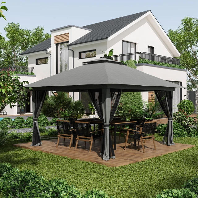 Outsunny Faltpavillon 4 x 4 m, Gartenpavillon mit 4 Netzwänden, UV-Schutz Grau