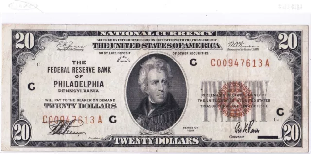 1929 $20 PHILADELPHIA PA Federal Reserve Bank Note Brown National Currency
