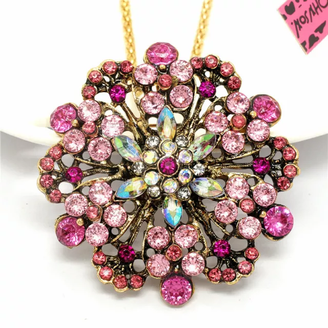 New Fashion Women Lady Pink Rhinestone Wreath Flower Crystal Pendant Necklace