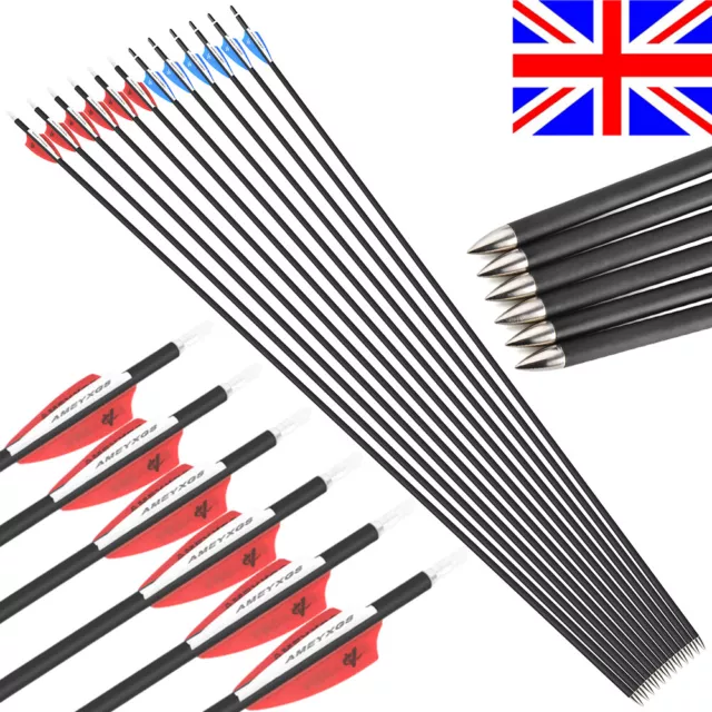 12X 32" Carbon Arrows SP1000 Target Points Compound Recurve Bow Archery Hunting