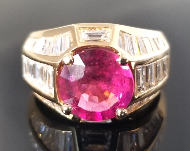 5.40TCW Top Hot Pink Rubellite VS Baguette Diamond 18k Heavy yellow gold ring