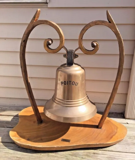 Vtg French Passenger Ship  "Poitou" Bronze Bell w/ Clapper Mounted on Wood and