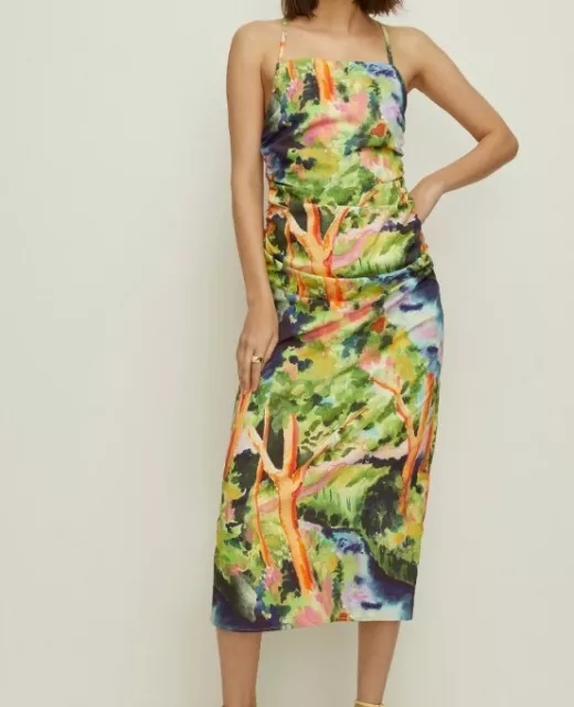 Oasis Size 12 Rose Detail Landscape Printed Ruched Midi Dress BNWT £79