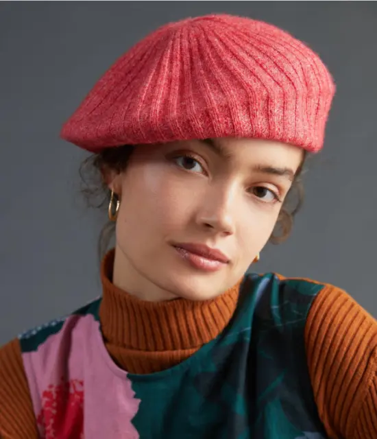 NWT By Anthropologie Rib-Knit Beret in Coral One Size $38