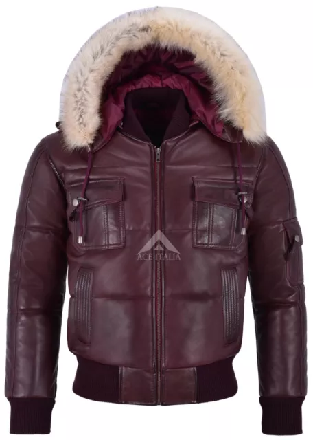Men's Puffers Hooded Bomber Jacket Cherry Real Lambskin Leather Pilot 6 Puffer