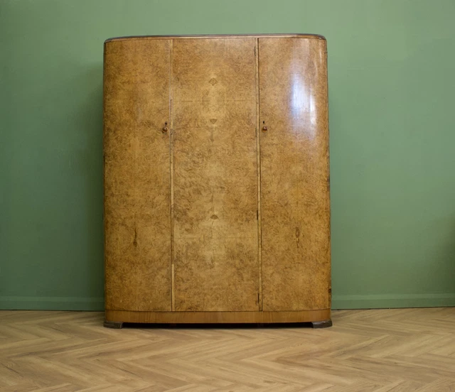 DELIVERY £100 Vintage Art Deco 1930s Burr Walnut Triple Door Wardrobe