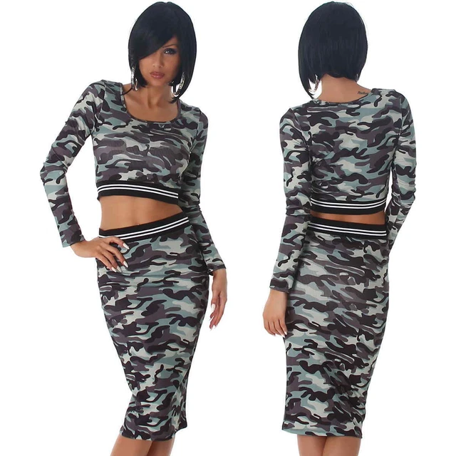 Donna Due Pezzi Crop-Top & Motivo Verde Elasticizzato Sexy 34 36 38 40 S M L