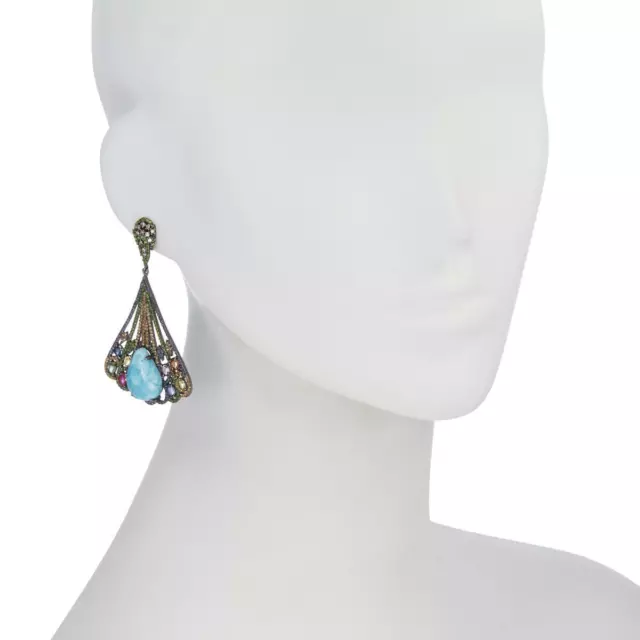 Boucles d'oreilles rhodium noir Meher's bijoux Larimar & multi pierres précieuses ventilateur goutte angle 2