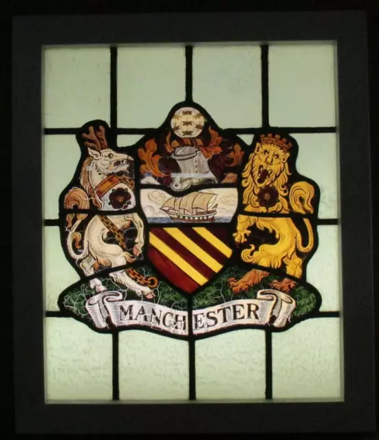 OLD ENGLISH LEADED STAINED GLASS WINDOW Hand Painted "Manchester" 20.25" x 24"