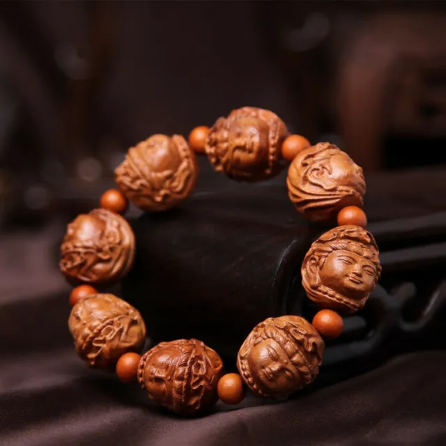 Kwan Yin Head Prayer Beads Chinese Wood Carving Sculpture Hand Strings Bracelet 2
