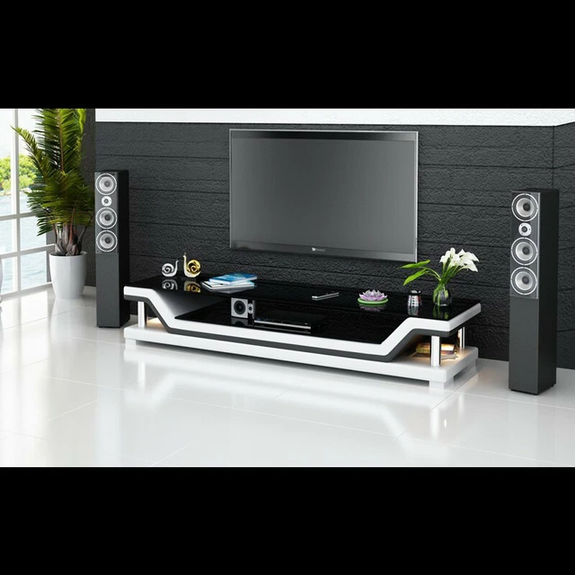 MINIO Armoire TV DINGO - Lowboard 120cm Chêne Wotan/Noir | 2 Portes + 2 Compartiments Ouverts