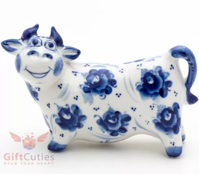 Bull in flowers collectible Gzhel Porcelain Figurine Гжель