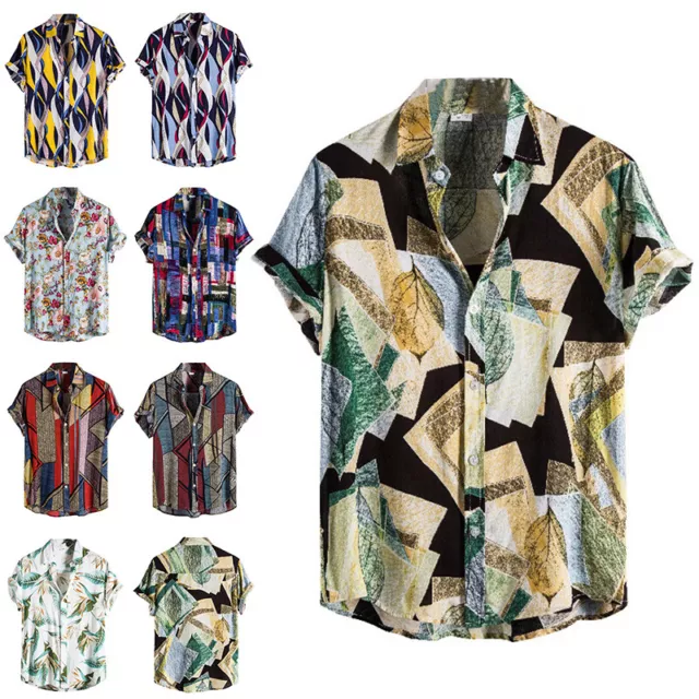 Mens Floral Button Short Sleeve Button Shirt Summer Beach Hawaiian T Shirts Top