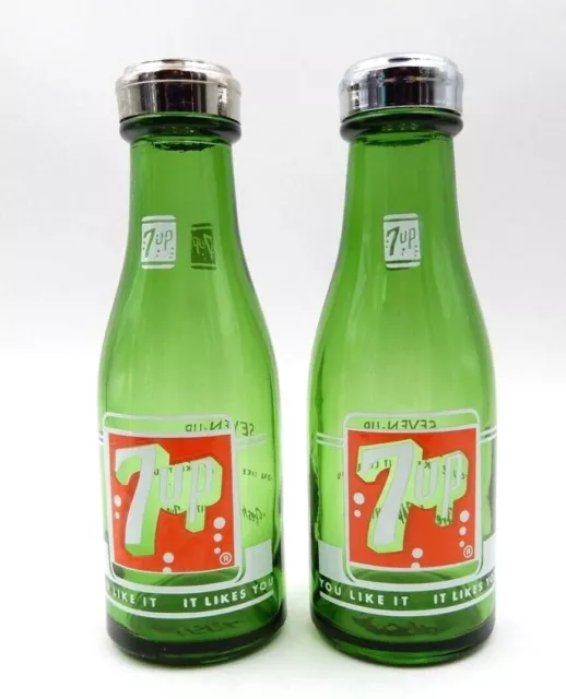 Vintage Set Of Green Glass 7Up Red Label Bottle Salt And Pepper Shakers