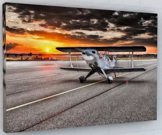 Biplane Sunset Canvas Picture Print Wall Art Chunky Frame Large