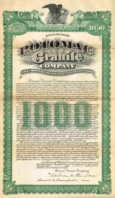 USA POTOMAC GRANITE COMPANY stock/bond certificate 1908