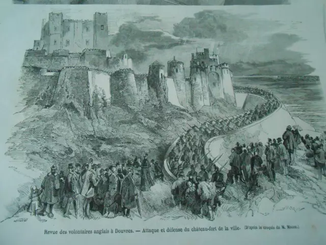 Revue des volontaires à Douvres Attaque chateau Fort Gravure Old Print 1869